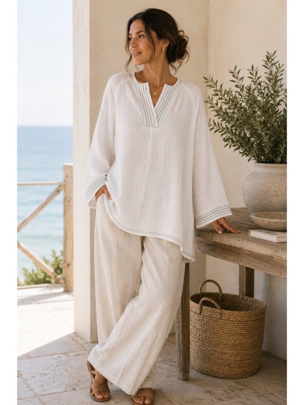 Simple Suzanne Betro White Double Gauze Cotton Tunic Top XL Oversized Boho